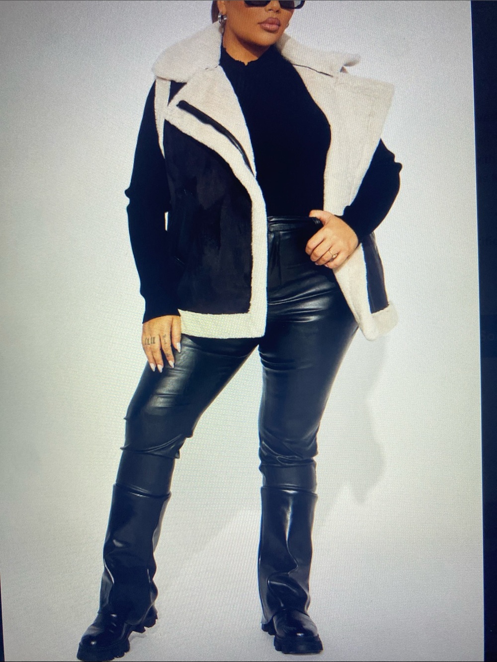 Fashion Nova Black & Cream Faux Shearling Moto Vest